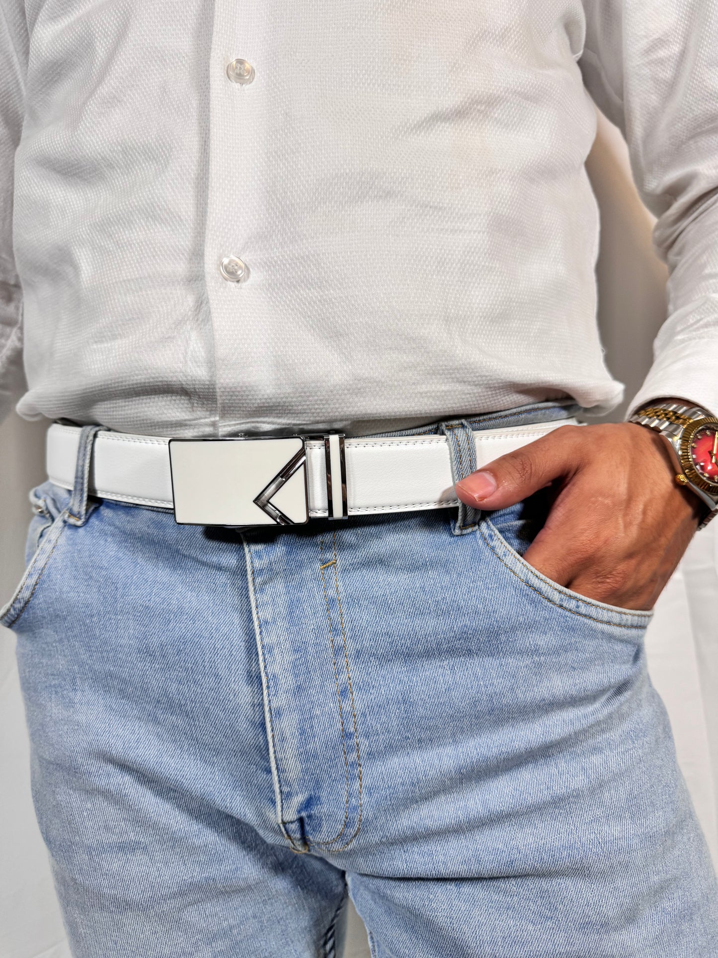 men's white leather belt