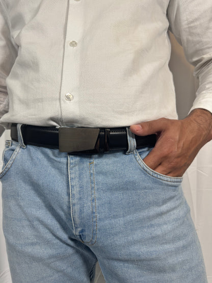 men's silver black leather belt